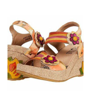 L'ARTISTE SPRING STEP Karnit Size 37/6.5-7 Peach Leather Espadrille Wedge Sandal